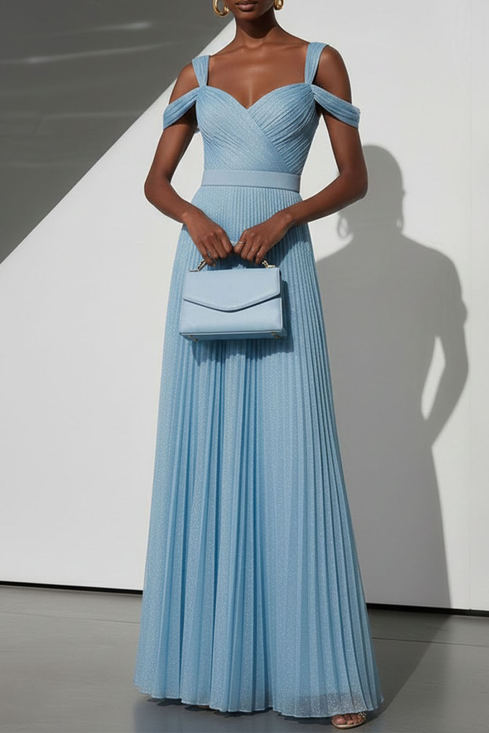 Sky Blue Formal Evening Dress Cold Shoulder Pleated Maxi Dress