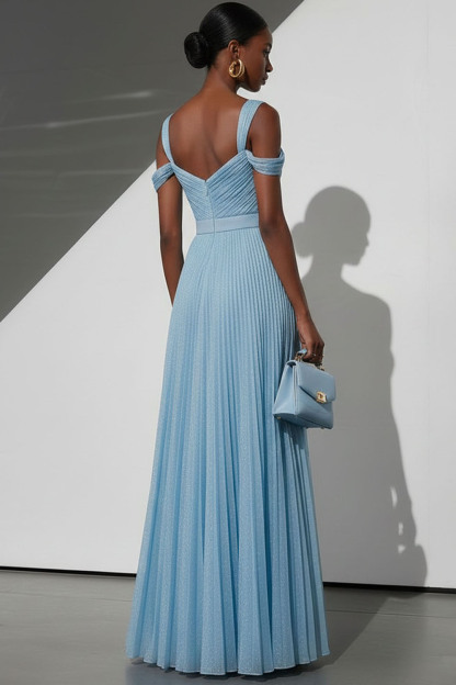 Sky Blue Formal Evening Dress Cold Shoulder Pleated Maxi Dress 