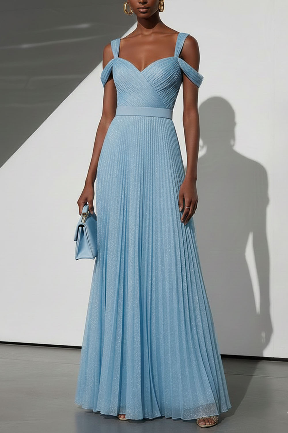 Sky Blue Formal Evening Dress Cold Shoulder Pleated Maxi Dress 