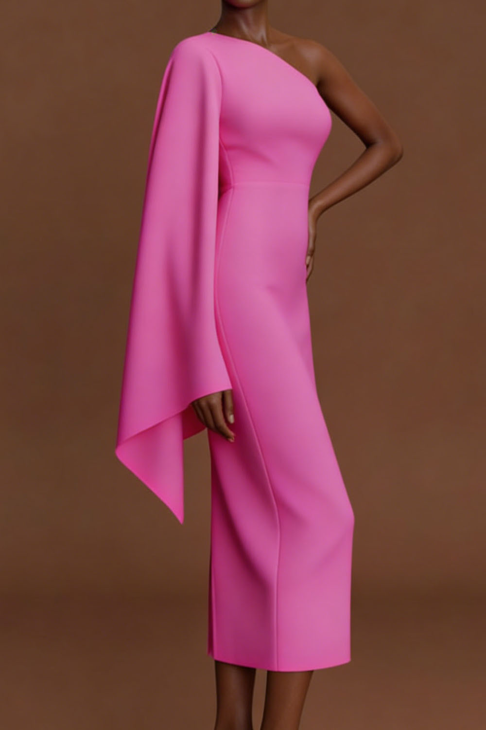 Fuchsia Formal Evening Dress One Shoulder Ruffle Sleeve Midi Dress