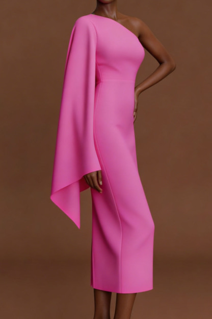 Fuchsia Formal Evening Dress One Shoulder Ruffle Sleeve Midi Dress