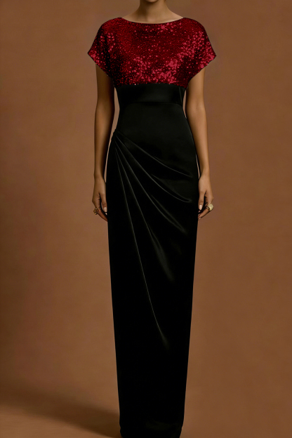 Golden Formal Evening Dress Sheath Crew Neck Sequin Maxi Dress