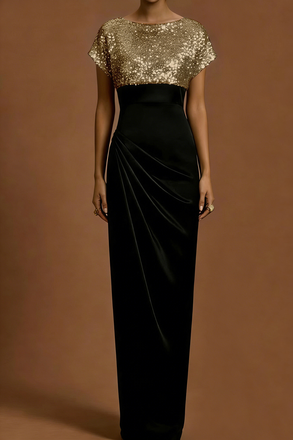Golden Formal Evening Dress Sheath Crew Neck Sequin Maxi Dress