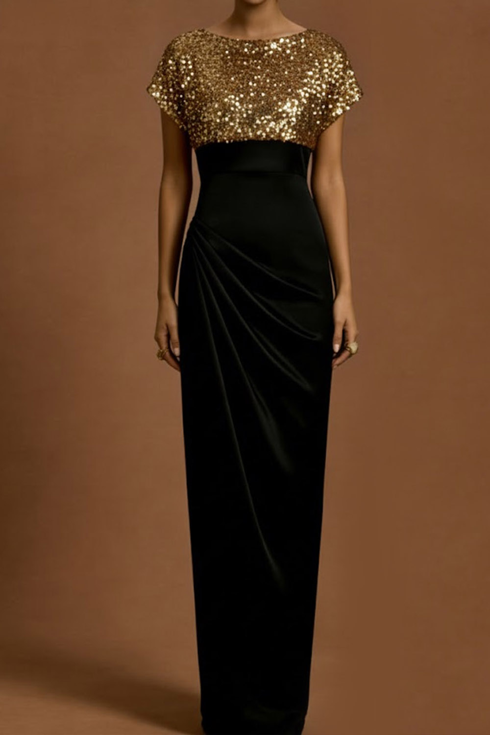 Golden Formal Evening Dress Sheath Crew Neck Sequin Maxi Dress