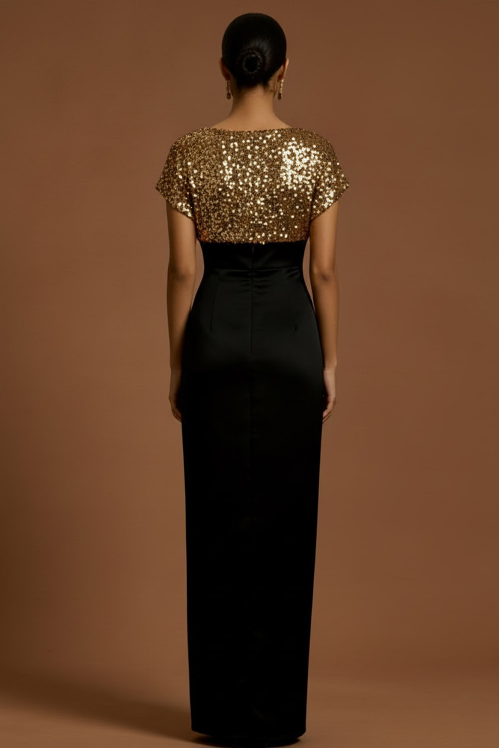 Golden Formal Evening Dress Sheath Crew Neck Sequin Maxi Dress