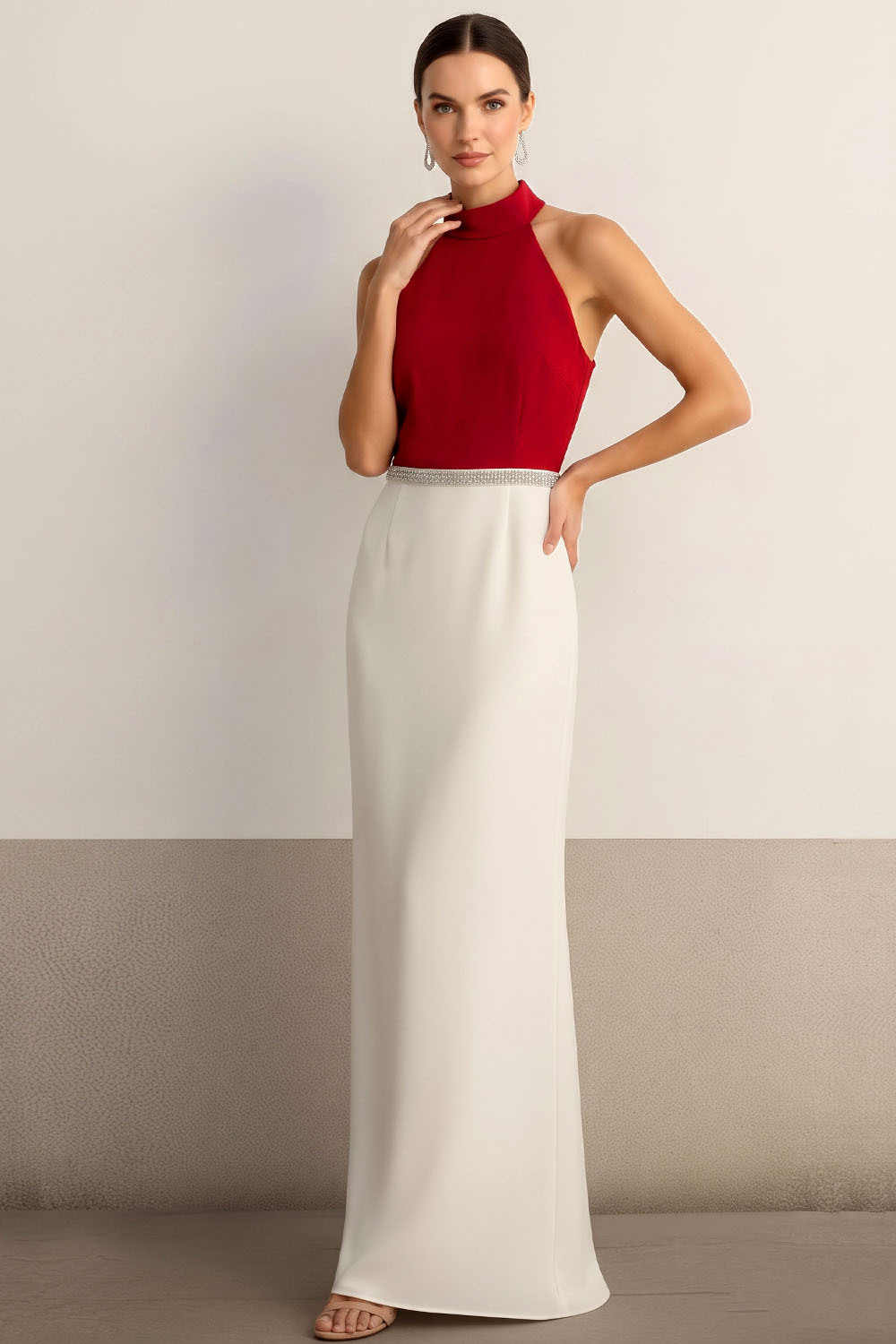 White Formal Evening Dress Sheath Halter Sleeveless Maxi Dress 