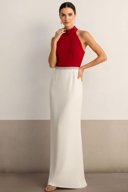 White Formal Evening Dress Sheath Halter Sleeveless Maxi Dress 