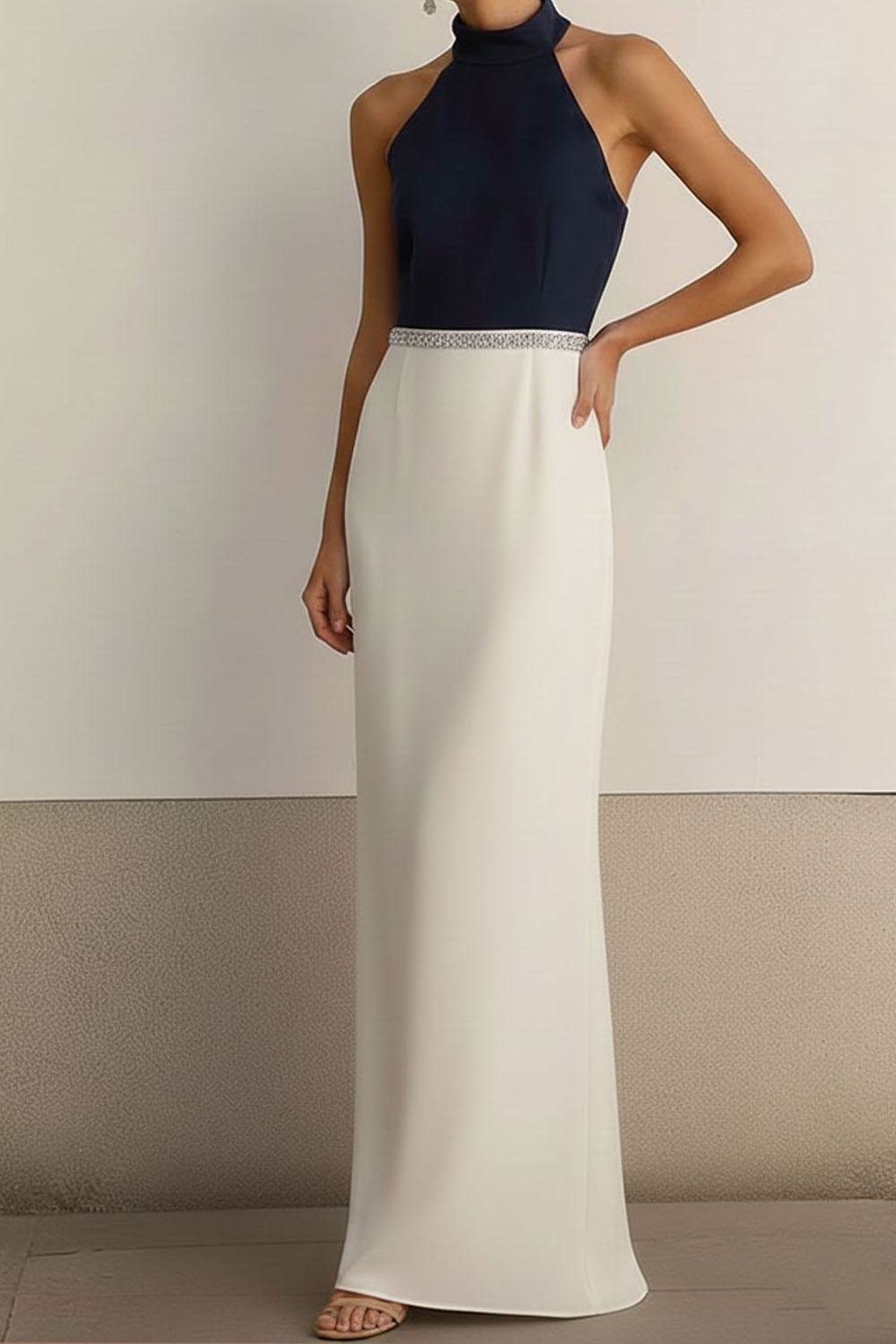 White Formal Evening Dress Sheath Halter Sleeveless Maxi Dress 