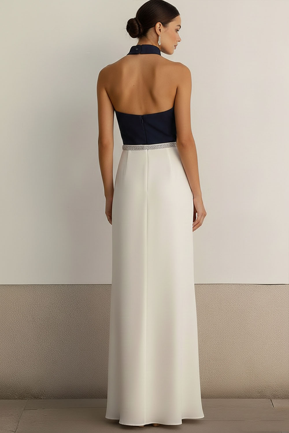White Formal Evening Dress Sheath Halter Sleeveless Maxi Dress 
