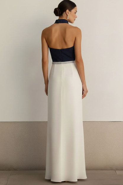 White Formal Evening Dress Sheath Halter Sleeveless Maxi Dress 
