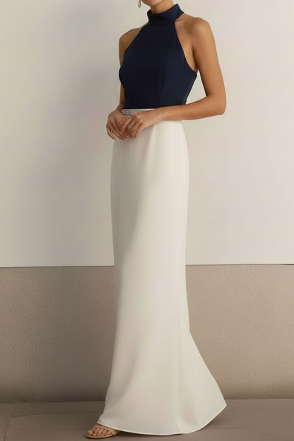 White Formal Evening Dress Sheath Halter Sleeveless Maxi Dress 