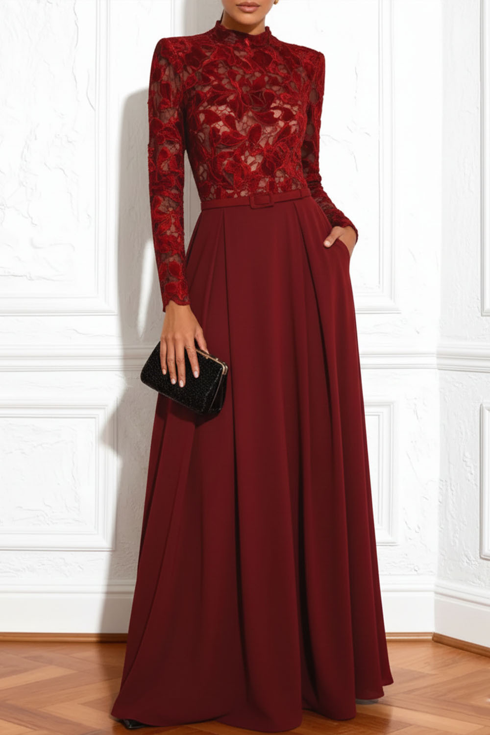 Red Formal Dress A-Line High Neck Long Sleeve Lace Maxi Dress with Pocket
