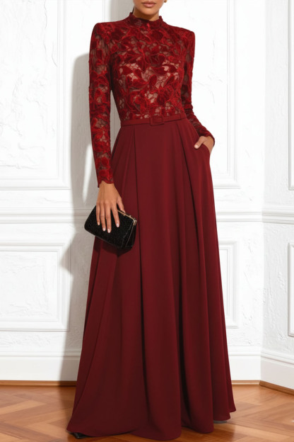 Red Formal Dress A-Line High Neck Long Sleeve Lace Maxi Dress with Pocket