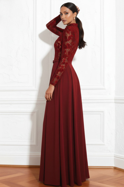 Red Formal Dress A-Line High Neck Long Sleeve Lace Maxi Dress with Pocket