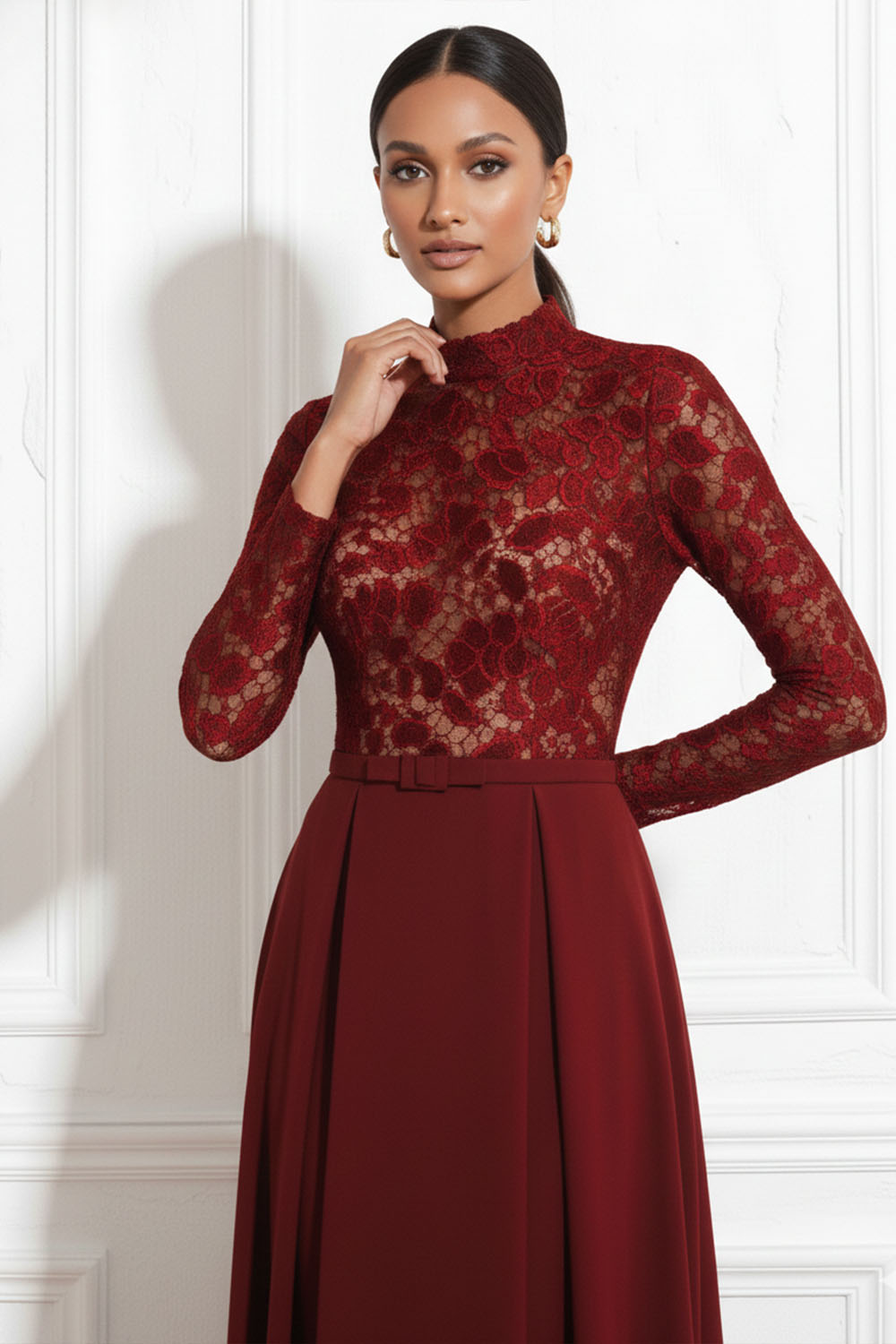 Red Formal Dress A-Line High Neck Long Sleeve Lace Maxi Dress with Pocket