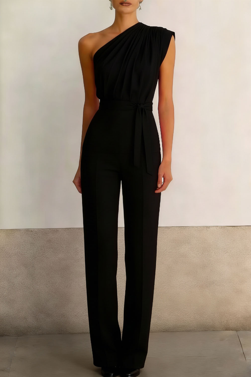Black Formal Jumpsuit One Shoulder Sleeveless Belted Jumpsuit