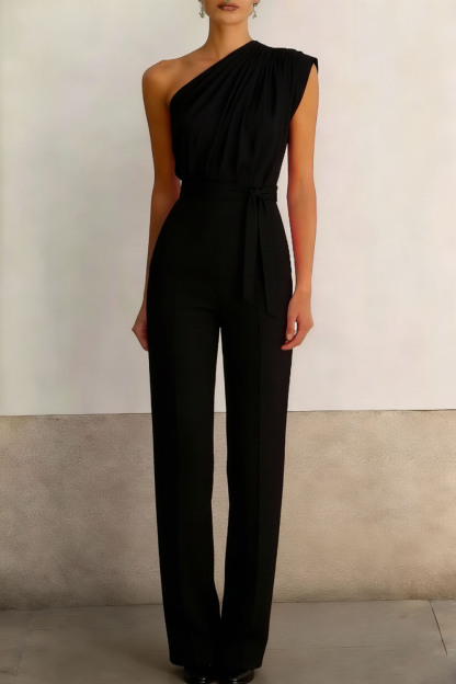 Black Formal Jumpsuit One Shoulder Sleeveless Belted Jumpsuit 