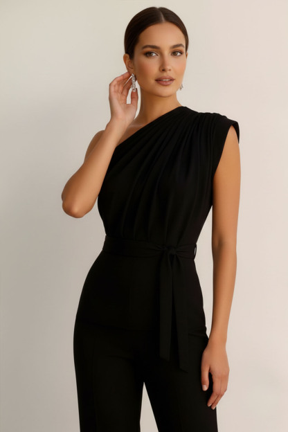 Black Formal Jumpsuit One Shoulder Sleeveless Belted Jumpsuit 