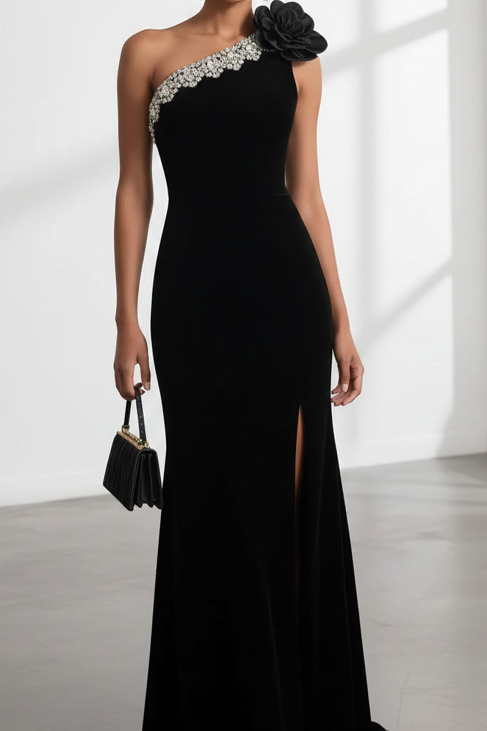 Black Formal Evening Dress One Shoulder Maxi Dress with 3D Flower