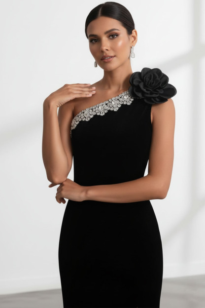 Black Formal Evening Dress One Shoulder Maxi Dress with 3D Flower