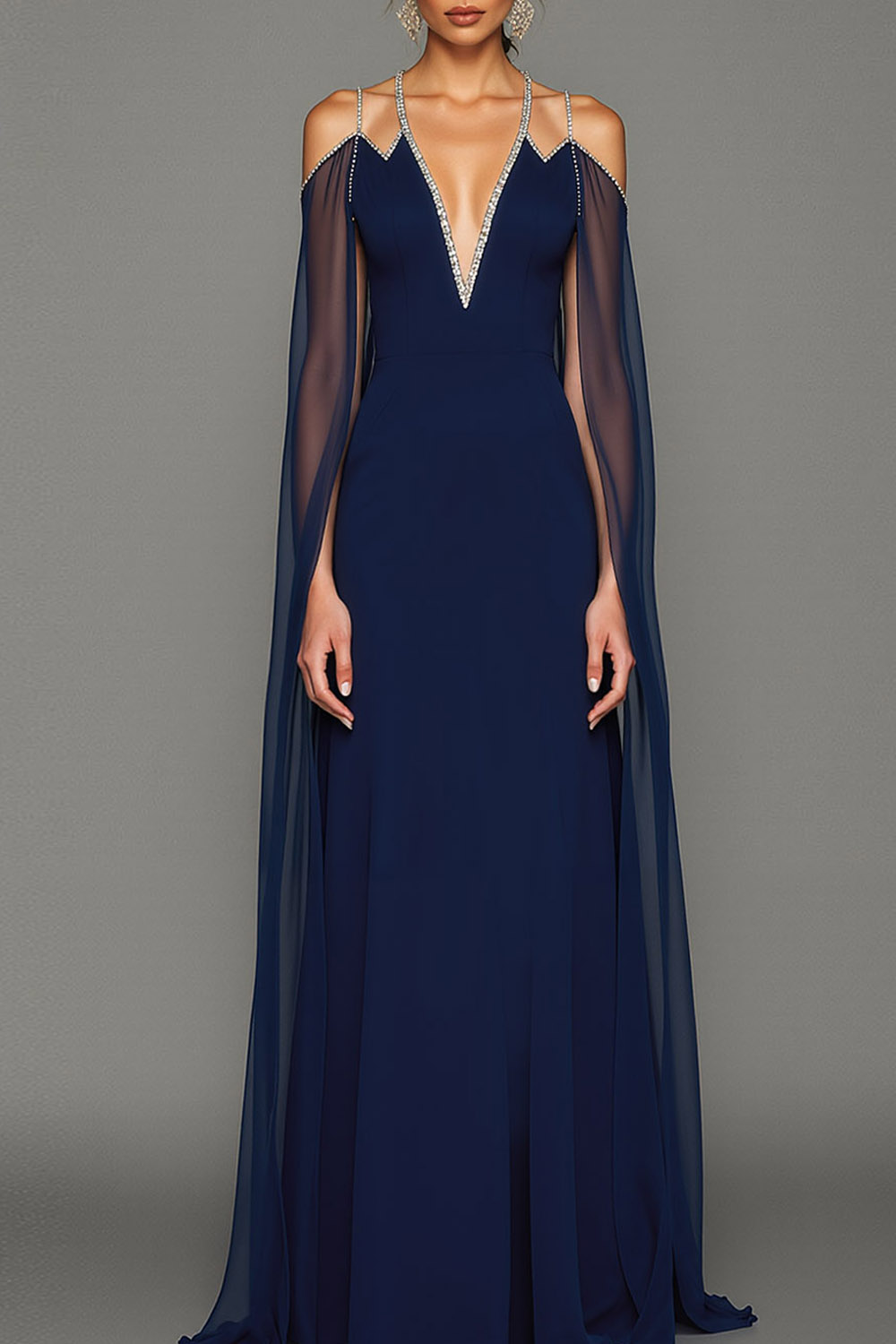 Navy Evening Formal Dress A-Line V Neck Cape Chiffon Maxi Dress