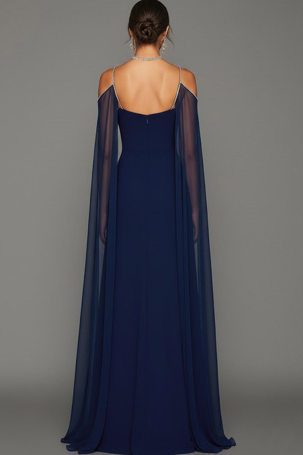 Navy Evening Formal Dress A-Line V Neck Cape Chiffon Maxi Dress