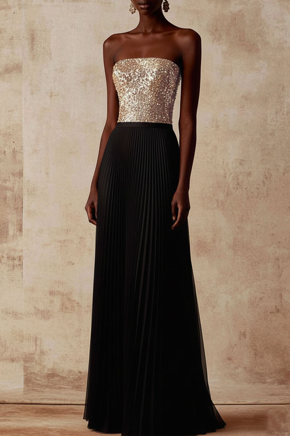 Golden Formal Evening Dress Strapless Sequin Pleated Maxi Dress 