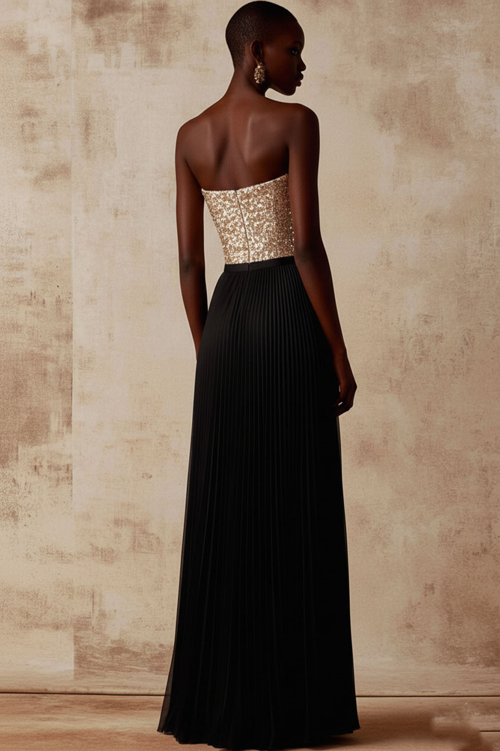 Golden Formal Evening Dress Strapless Sequin Pleated Maxi Dress 
