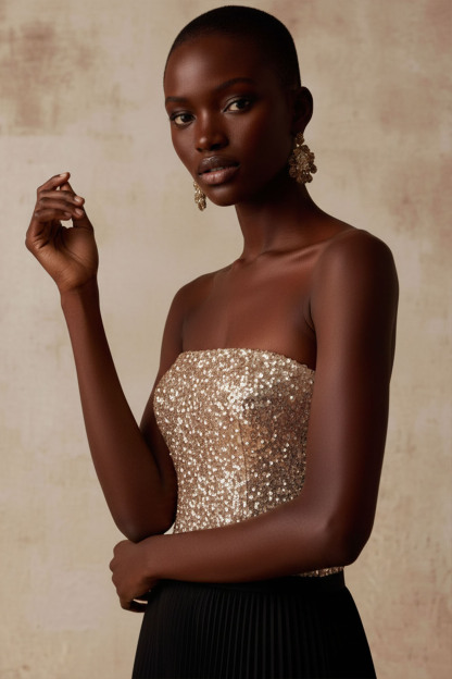 Golden Formal Evening Dress Strapless Sequin Pleated Maxi Dress 