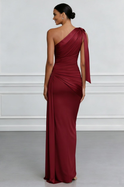 Burgundy Formal Dress One Shoulder Ruched Chiffon Maxi Dress with Slit