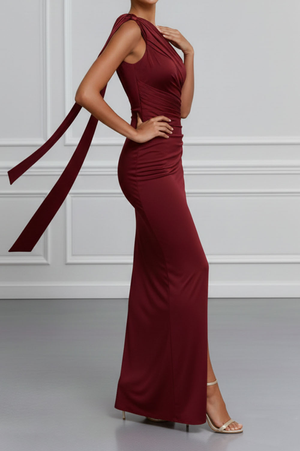 Burgundy Formal Dress One Shoulder Ruched Chiffon Maxi Dress with Slit