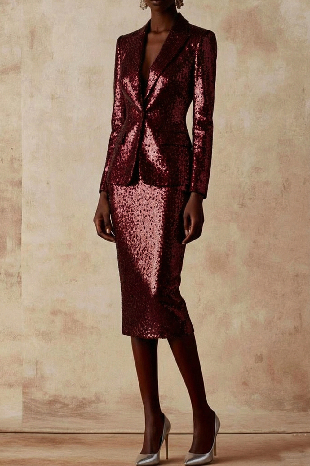 Party Skirt Suit Silver Long Sleeve Lapel Sequin Blazer Skirt Set