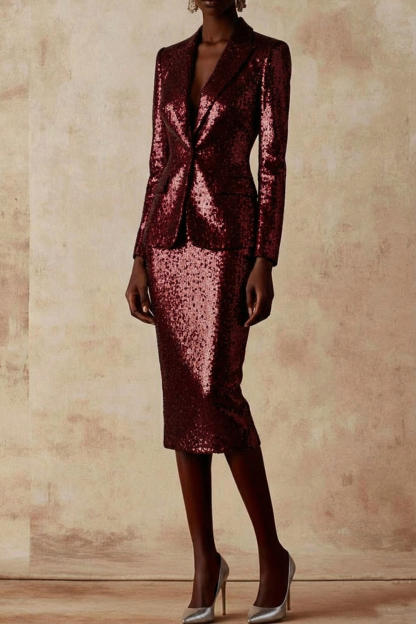 Party Skirt Suit Silver Long Sleeve Lapel Sequin Blazer Skirt Set