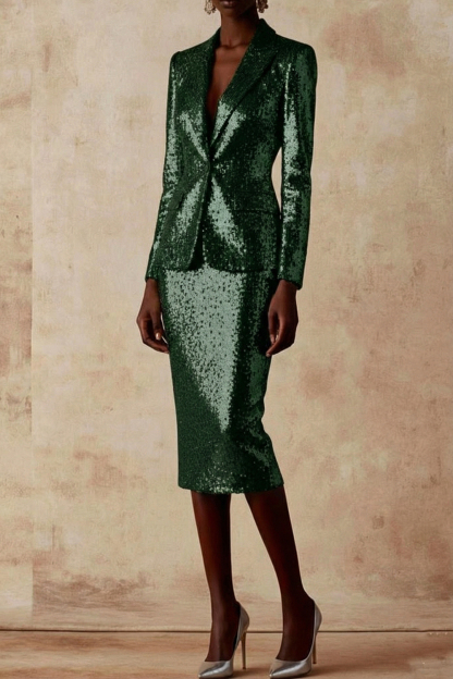 Party Skirt Suit Silver Long Sleeve Lapel Sequin Blazer Skirt Set