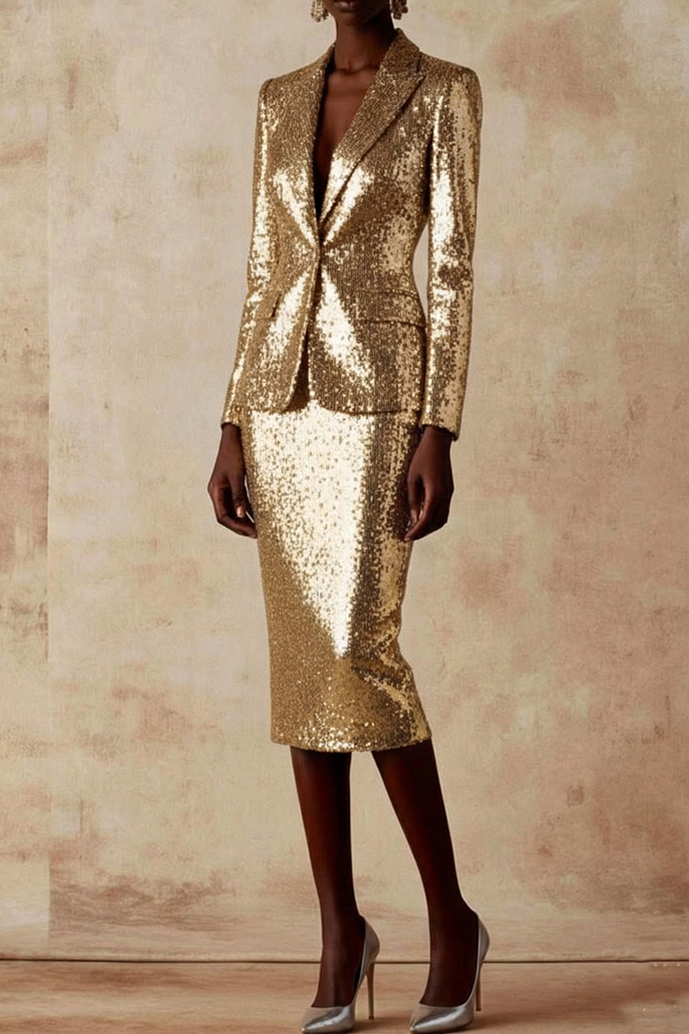 Party Skirt Suit Silver Long Sleeve Lapel Sequin Blazer Skirt Set