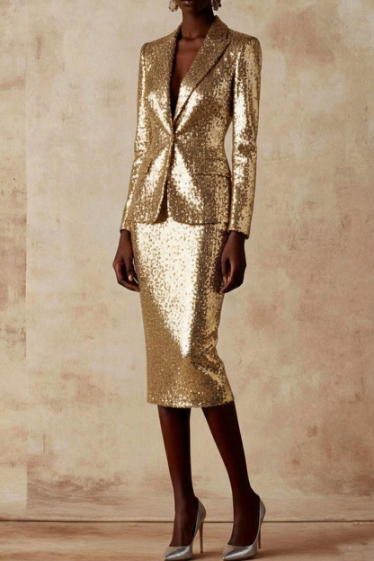 Party Skirt Suit Silver Long Sleeve Lapel Sequin Blazer Skirt Set