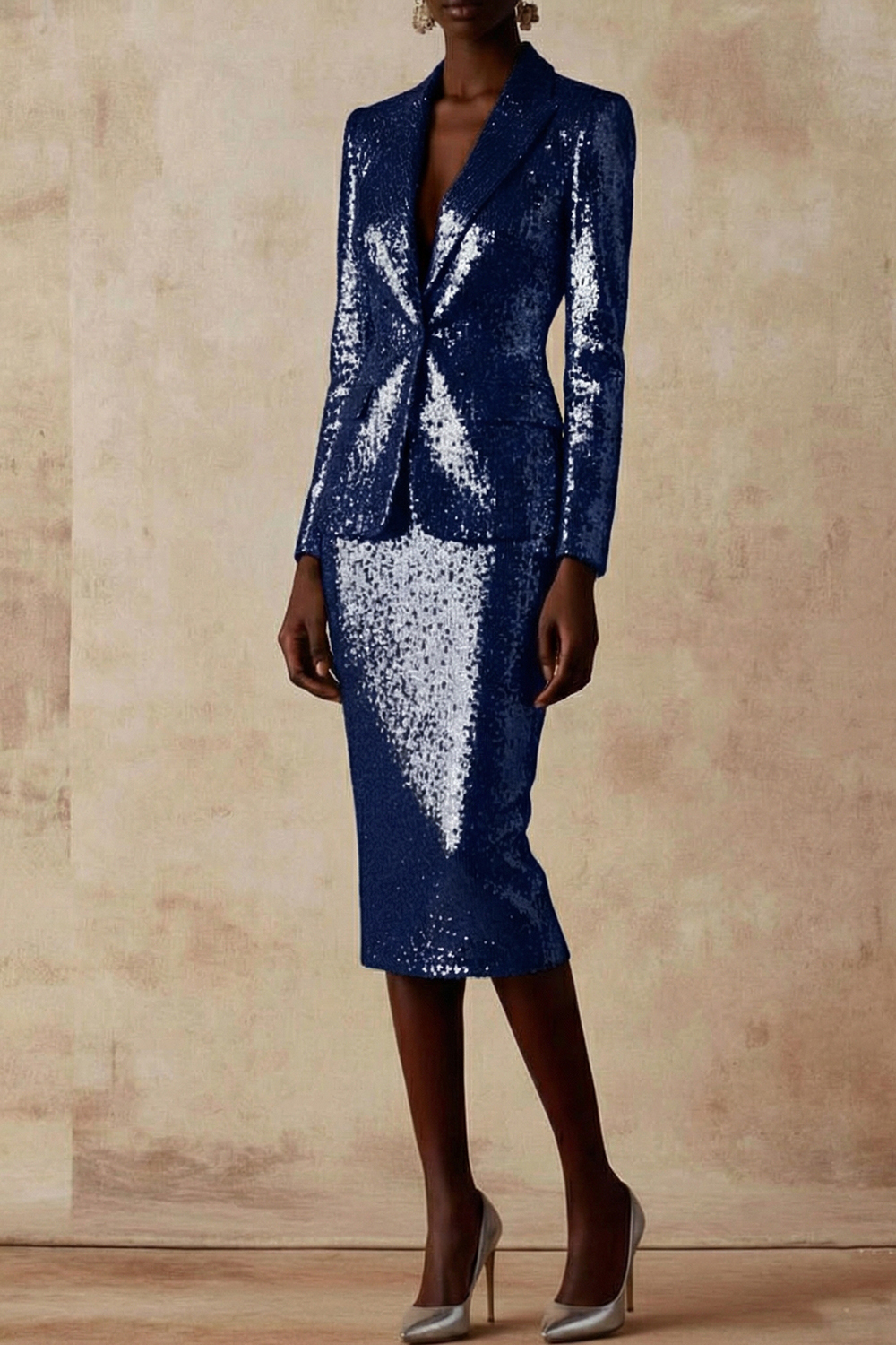 Party Skirt Suit Silver Long Sleeve Lapel Sequin Blazer Skirt Set