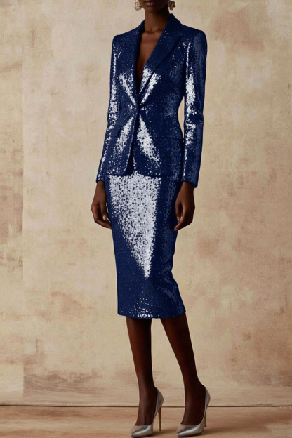 Party Skirt Suit Silver Long Sleeve Lapel Sequin Blazer Skirt Set