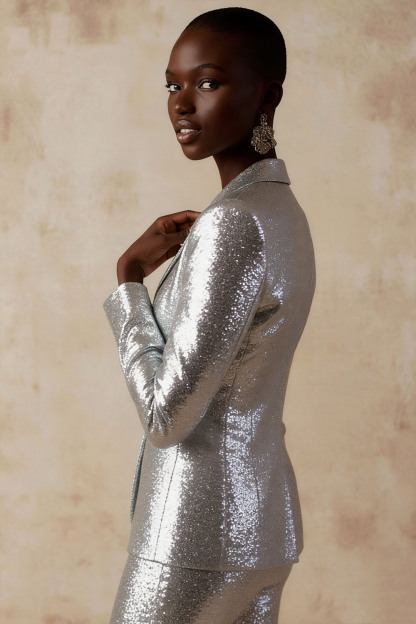 Party Skirt Suit Silver Long Sleeve Lapel Sequin Blazer Skirt Set