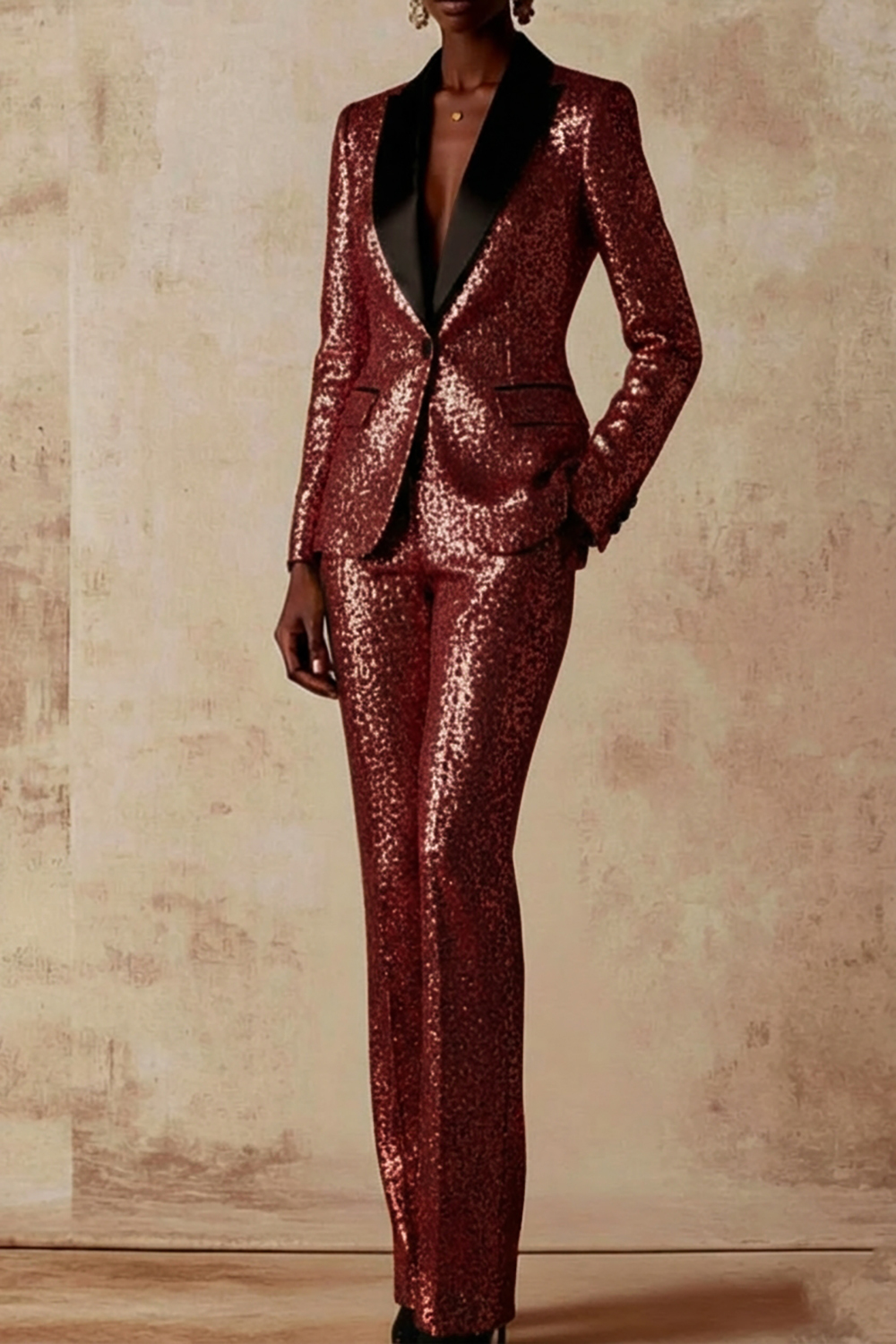 Party Blazer Suit Sets Golden Lapel Long Sleeve Sequin Pants Set