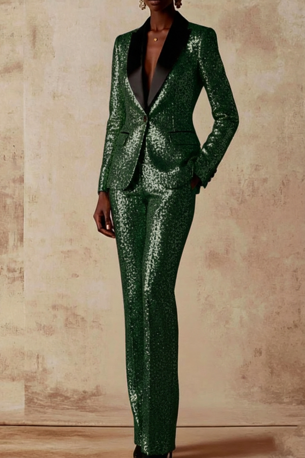 Party Blazer Suit Sets Golden Lapel Long Sleeve Sequin Pants Set