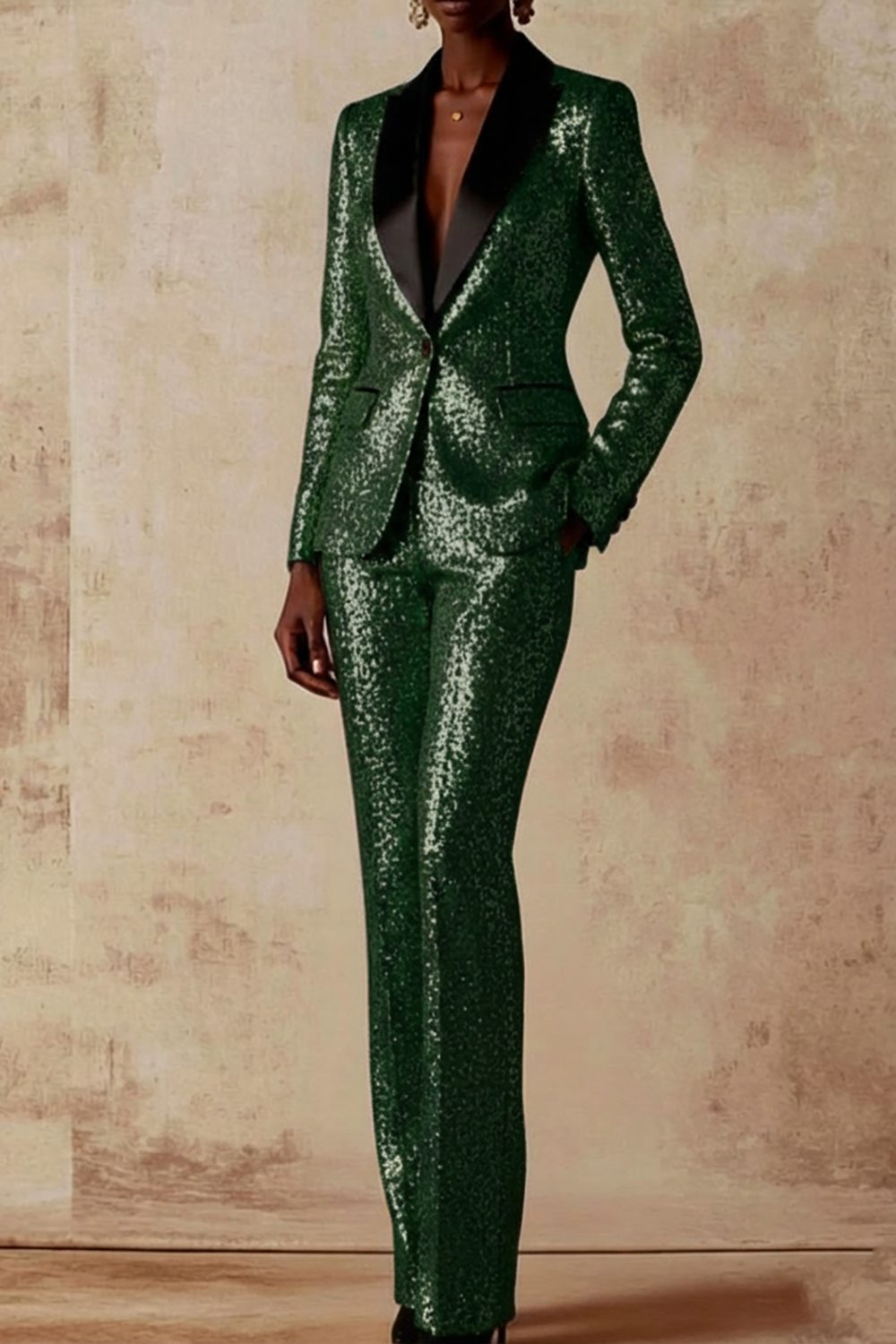 Party Blazer Suit Sets Golden Lapel Long Sleeve Sequin Pants Set