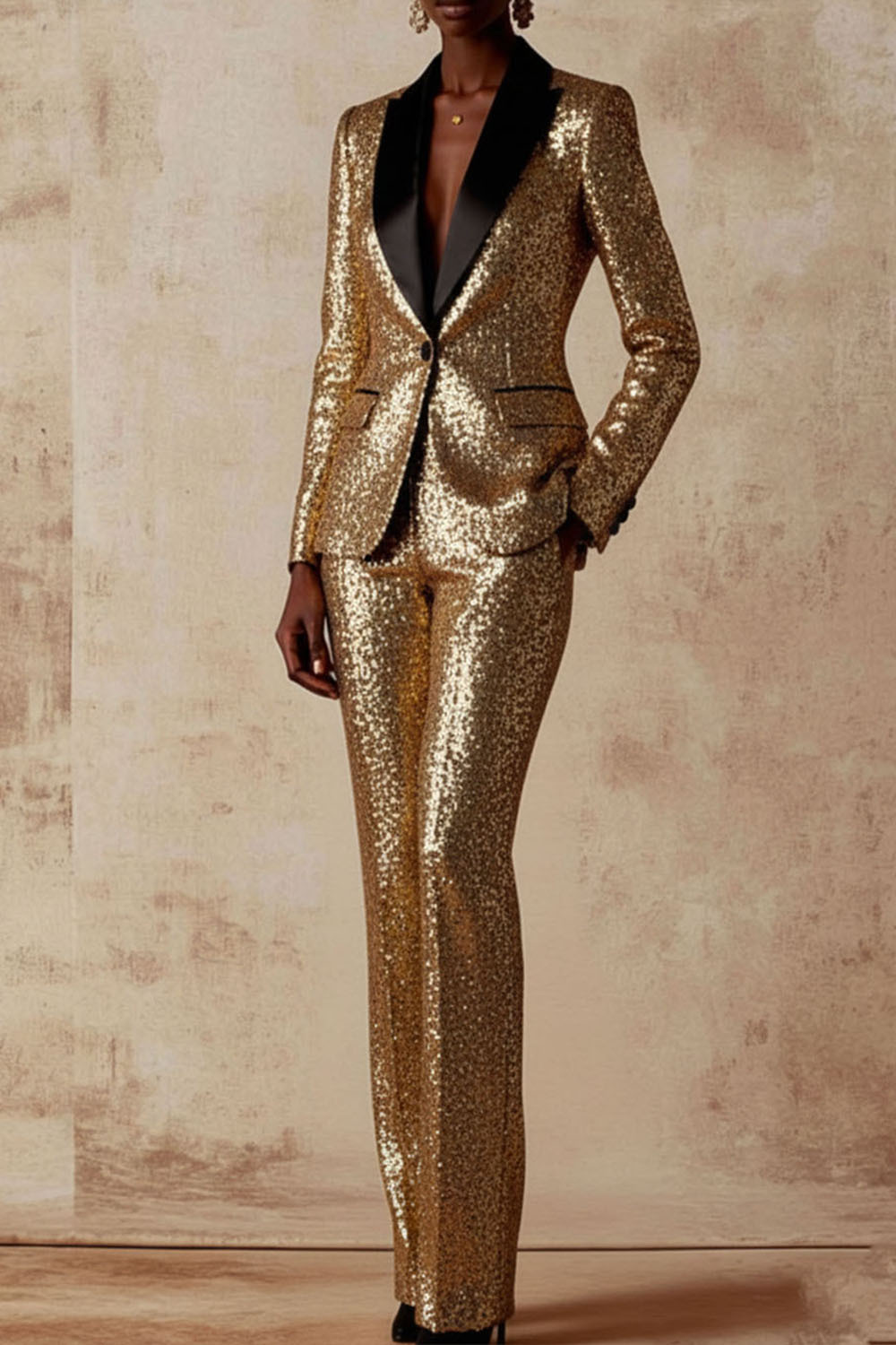 Party Blazer Suit Sets Golden Lapel Long Sleeve Sequin Pants Set