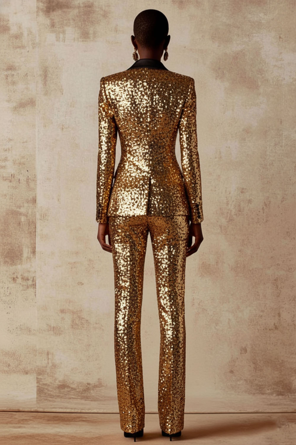 Party Blazer Suit Sets Golden Lapel Long Sleeve Sequin Pants Set