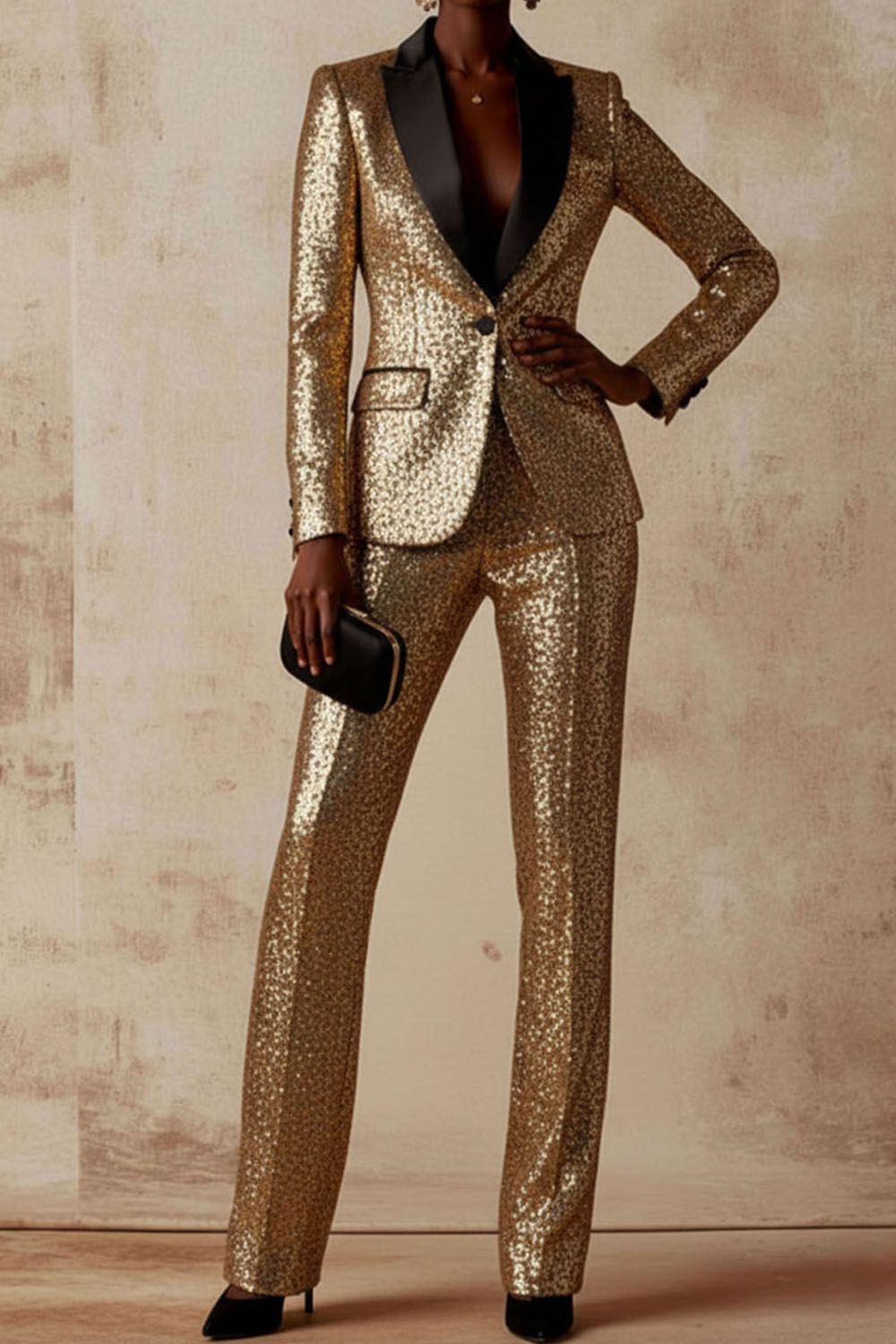 Party Blazer Suit Sets Golden Lapel Long Sleeve Sequin Pants Set