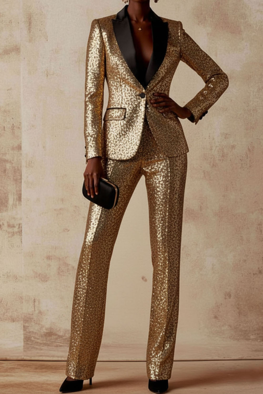 Party Blazer Suit Sets Golden Lapel Long Sleeve Sequin Pants Set