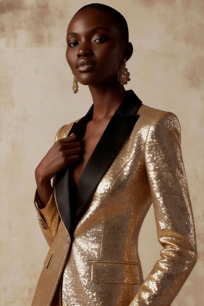 Party Blazer Suit Sets Golden Lapel Long Sleeve Sequin Pants Set