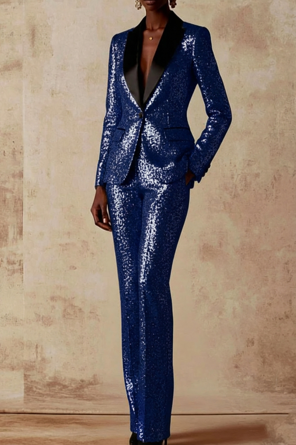 Party Blazer Suit Sets Golden Lapel Long Sleeve Sequin Pants Set