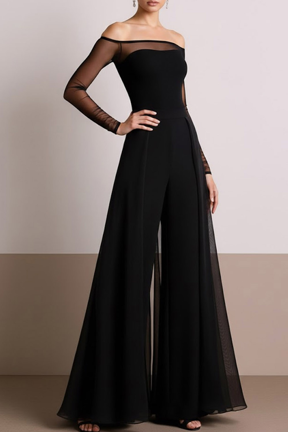 Black Formal Jumpsuit Off the Shoulder Chiffon Flared-Leg Jumpsuit 