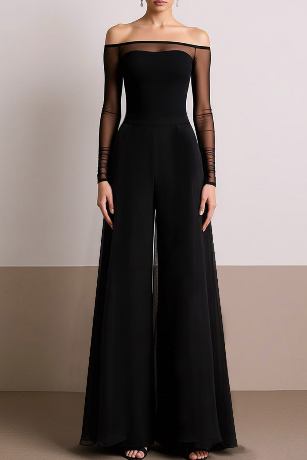 Black Formal Jumpsuit Off the Shoulder Chiffon Flared-Leg Jumpsuit 